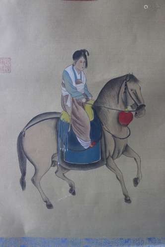 Chinese silk framed painting of a Lady on a horse, Qing Dynasty,
Qianlong period(?)