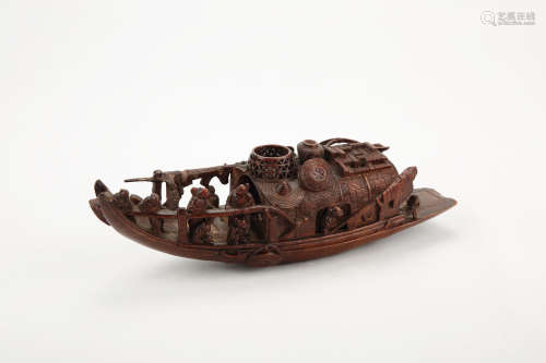 A CHINESE CARVED BAMBOO BOAT DECORATION