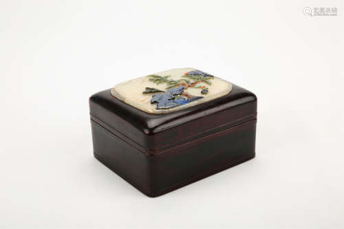 A CHINESE ZITAN BOX WITH JADE-INLAIDED COVER