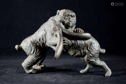 Unusual Japanese Bronze Rabbit and Kingkong Group Figurine