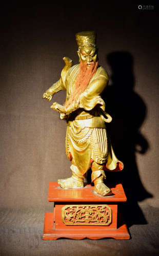Chinese Lacquered Wood Warrior on Base