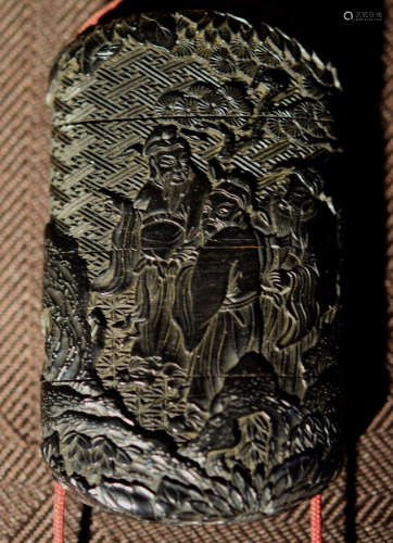 Japanese Black Lacquer Inro with Samurai Details