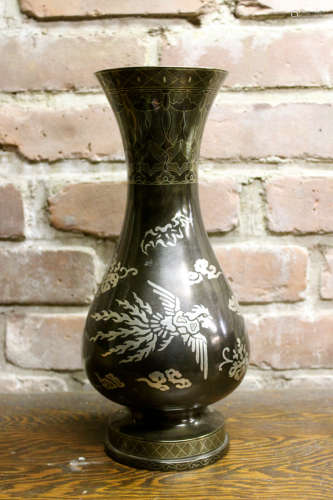 Japanese Mixed Metal Vase with Gold and Silver Inlay Pheonix