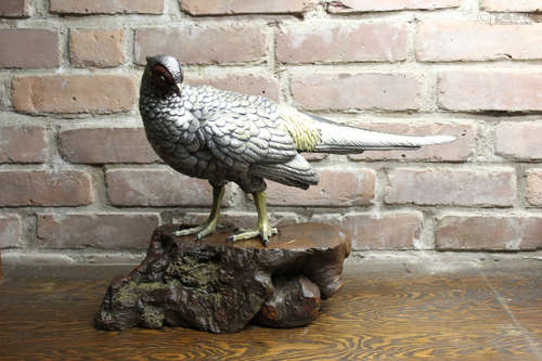 Japanese Silvered Bronze Bird with Burlwood Stand