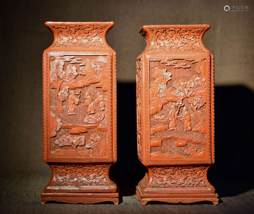 Pair Chinese Square Cinnebar Vases