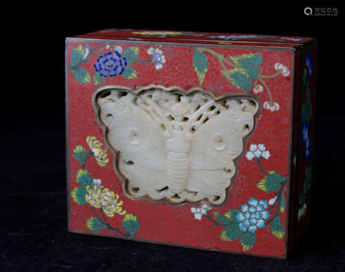 Chinese Cloisonne Box with Thick Jade Butterfly Plaque