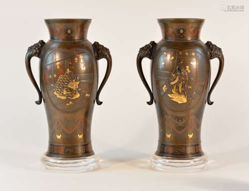 Pair Stunning Japanese Mixed Metal Bronze Vases