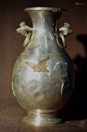 Japanese Sterling Silver Vase with Mixed Metal Butterfly Motif