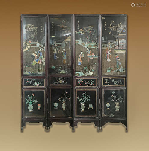 Chinese Screen with Jade and Hardstone Inlay