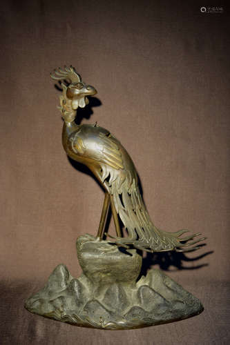 Chinese Bronze Peacock Censer on Rock