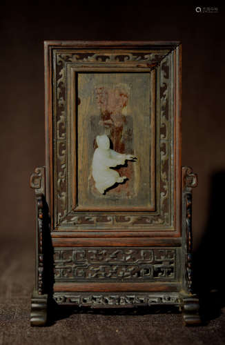 Chinese Scholar Screen with 18th cen White Jade Boy