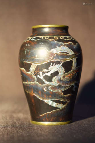 Korean Lacquer on Bronze Vase with Mother of Pearl Inlay