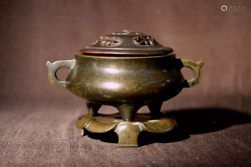 Chinese Bronze Censer with Matching Base and wood