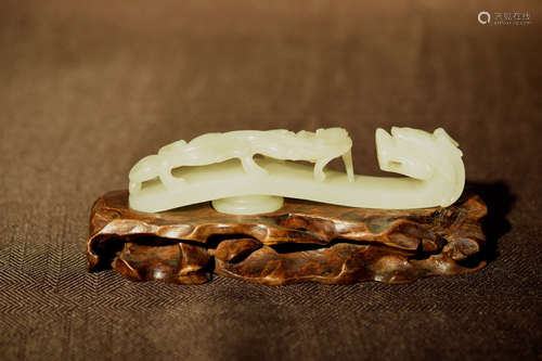 Chinese White Jade Belt Buckle with Wood Base