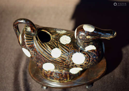 Chinese Ceramic Duck with Rosewood Base
