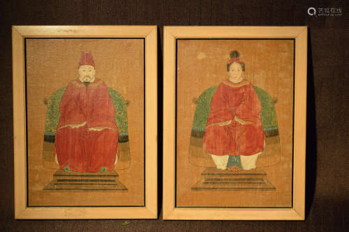 Pair Chinese Ancester Miniture Portrait Painting