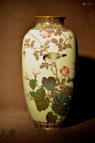 Japanese Cloisonne Vase with Bird Floral Scene