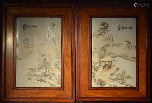 Pair Chinese Porcelain Plaques with Snow Scene