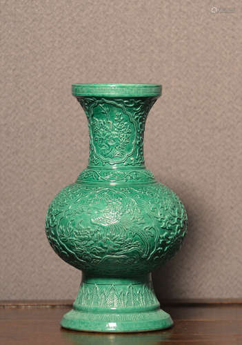 Chinese Molded Green Vase with Pheonix Scene