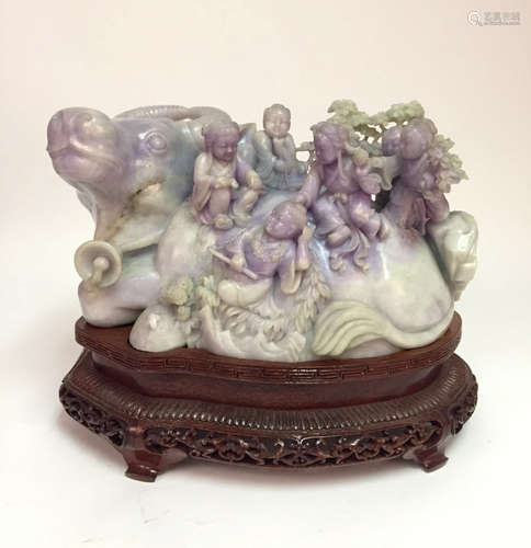 Chinese Carved Lavender Jadeite Ox with Children