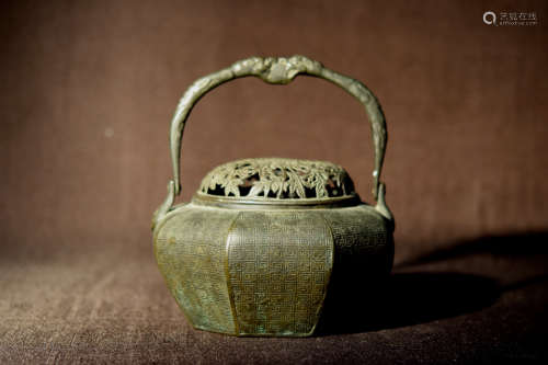 Asian Bronze Hand Warmer with Floral Motif Cover