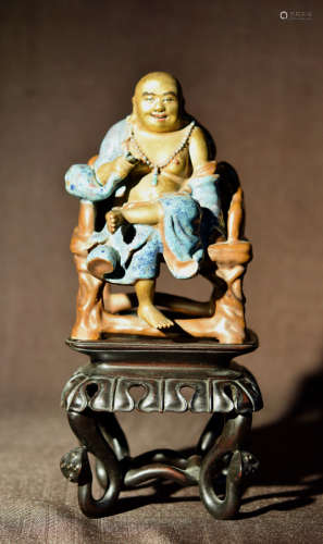 Chinese Porcelain Laughing Buddha on Woodbase