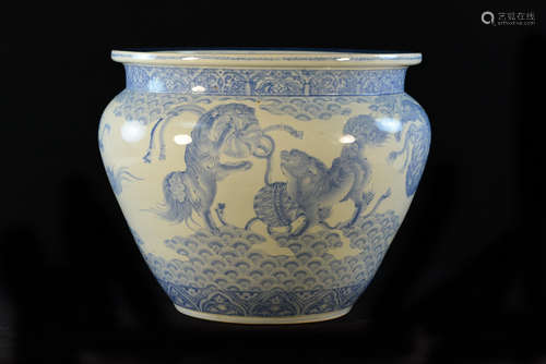 Japanese Blue White Arita Porcelain Fish Bowl - Kirin Scene