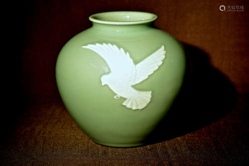 Japanese Celadon Porcelain Vase with Pigeon Scene