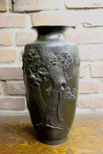 Japanese Bronze Vase with Pine and Crane - Signed
