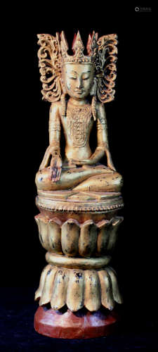 Antique Thai Wood Buddha with Gold Lacquer