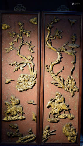 Pair Chinese Carved Wood Panel with Immortals