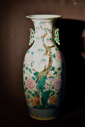 Chinese Famille Rose Porcelain Vase with Peony and Duck Scene