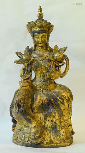 Chinese Wood Kuanyin Buddha with Gold Lacquer