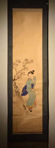 Japanese Scroll Painting of Beauty in Garden