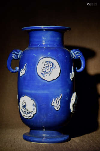 Japanese Hirado Blue Porcelain Vase with White Dragon Design
