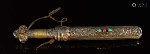 Tibetan Dagger with Silver Sheath and Coral Agate Inlay