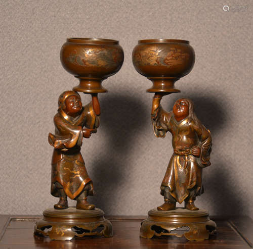 Pair Japanese Bronze Mixed Metal Warrior