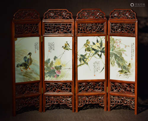 Chinese Porcelain Screen of Bird Scene - Signed