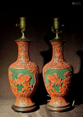 Pair Chinese Carved Cinnebar Vases