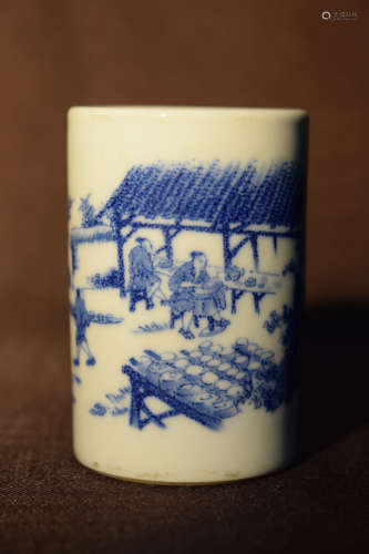 Chinese Blue White Porcelain Brushpot with Scholar Scene