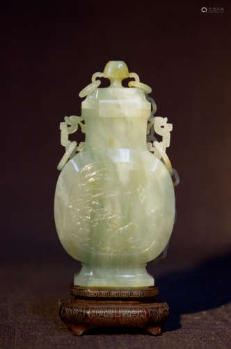 Chinese Jadiete Vase with Silver Wire Inlay Stand