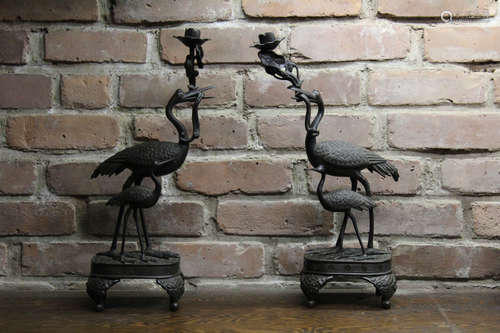 Pair of Chinese Qing Qynasty Bronze Cranes Candlebra