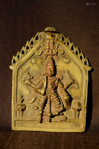 Antique Indian Bronze Plaque with Diety of Multi Hand