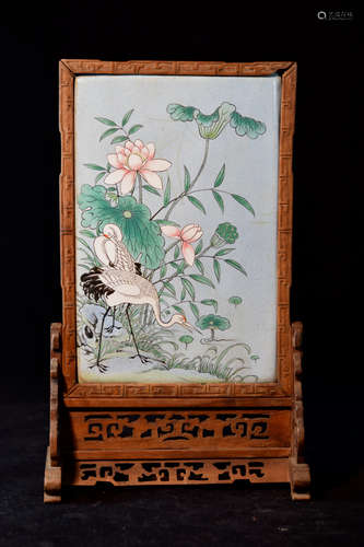 Chinese Enamle Screen with Heron Scene