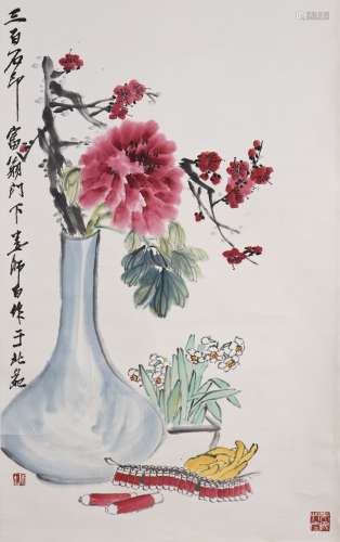 A CHINESE SCROLL PAINTING OF FLOWERS