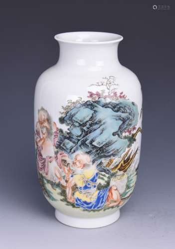 A FAMILLE ROSE FIGURE LANTERN-SHAPED VASE