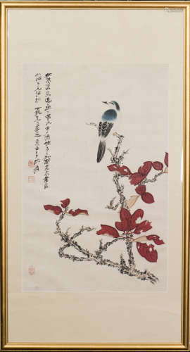 A CHINESE SCROLL PAINTING OF FLORAL AND AVIAN MOTIF, AFTER ZHANG DAQIAN