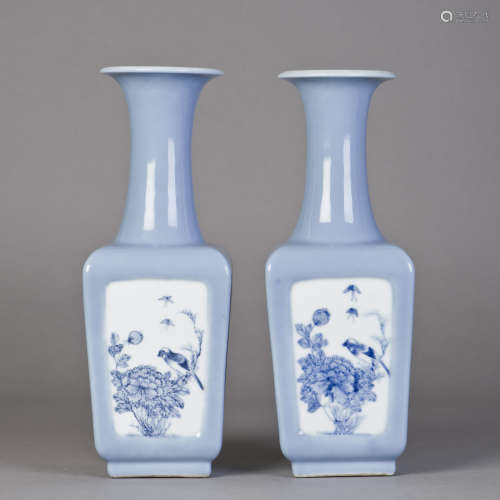 A PAIR OF CHINESE LIGHT BLUE GLAZED SQUARE VASES