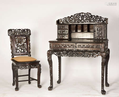 A ROSEWOOD CHINESE STYLE DRESSER WITH MATCHING CHAIR
