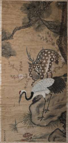 A CHINESE SCROLL PAINTING OF DEER AND CRANE MOTIF
